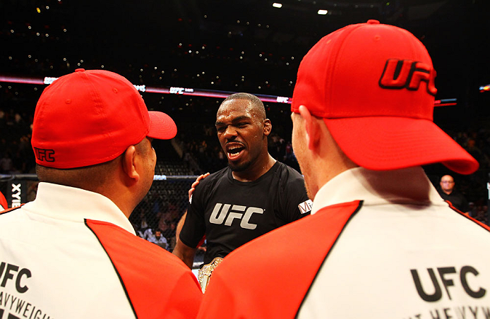 ATLANTA, GA - APRIL 21:  Jon Jones celebrates defeating Rashad Evans by unanimous decision in their light heavyweight title bout for UFC 145 at Philips Arena on April 21, 2012 in Atlanta, Georgia.  (Photo by Al Bello/Zuffa LLC/Zuffa LLC via Getty Images)