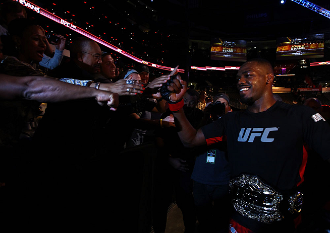 ATLANTA, GA - APRIL 21: Jon Jones celebrates with fans after defeating Rashad Evans by unanimous decision in their light heavyweight title bout for UFC 145 at Philips Arena on April 21, 2012 in Atlanta, Georgia. (Photo by Al Bello/Zuffa LLC/Zuffa LLC vi