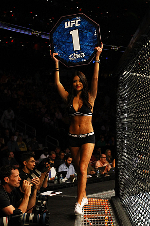 ATLANTA, GA - APRIL 21:  UFC Octagon Girl Arianny Celeste walks around the cage as Mac Danzig and Efrain Escudero fight during their lightweight bout for UFC 145 at Philips Arena on April 21, 2012 in Atlanta, Georgia.  (Photo by Al Bello/Zuffa LLC/Zuffa L