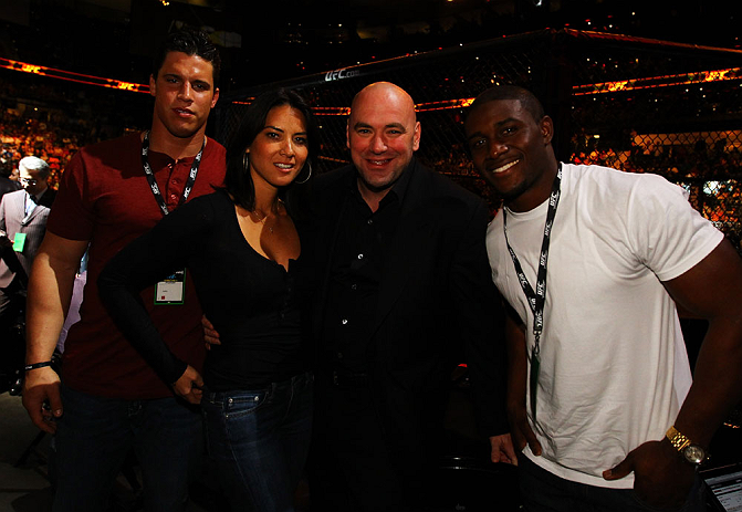 ATLANTA, GA - APRIL 21: Actress Olivia Munn (2ndL), UFC President Dana White(2ndR), and NFL running back Reggie Bush (R) attend UFC 145: Jones v Evans at Philips Arena on April 21, 2012 in Atlanta, Georgia. (Photo by Al Bello/Zuffa LLC/Zuffa LLC via Get