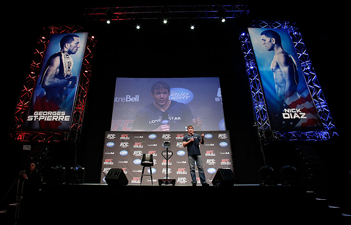MONTREAL, QC - MARCH 15: Matt Hughes interacts with fans during a Q&A session before the UFC 158 weigh-in at Bell Centre on March 15, 2013 in Montreal, Quebec, Canada. (Photo by Josh Hedges/Zuffa LLC/Zuffa LLC via Getty Images)