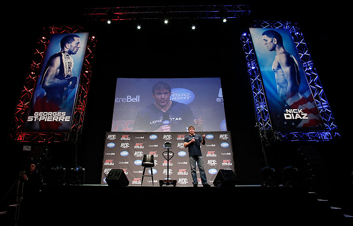 MONTREAL, QC - MARCH 15:  Matt Hughes interacts with fans during a Q&A session before the UFC 158 weigh-in at Bell Centre on March 15, 2013 in Montreal, Quebec, Canada.  (Photo by Josh Hedges/Zuffa LLC/Zuffa LLC via Getty Images)