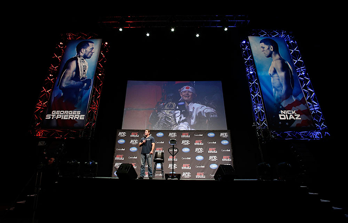 MONTREAL, QC - MARCH 15: Matt Hughes interacts with fans during a Q&A session before the UFC 158 weigh-in at Bell Centre on March 15, 2013 in Montreal, Quebec, Canada. (Photo by Josh Hedges/Zuffa LLC/Zuffa LLC via Getty Images)