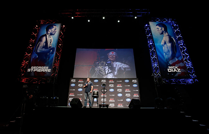 MONTREAL, QC - MARCH 15:  Matt Hughes interacts with fans during a Q&A session before the UFC 158 weigh-in at Bell Centre on March 15, 2013 in Montreal, Quebec, Canada.  (Photo by Josh Hedges/Zuffa LLC/Zuffa LLC via Getty Images)