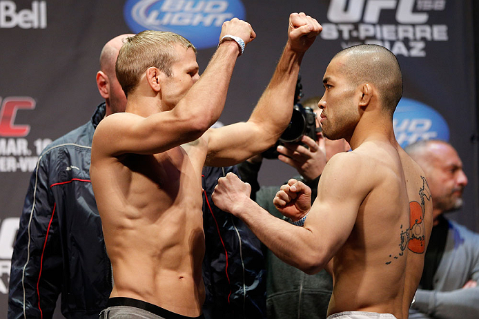 MONTREAL, QC - MARCH 15: (L-R) T.J. Dillashaw faces off with Issei Tamura during the UFC 158 weigh-in at Bell Centre on March 15, 2013 in Montreal, Quebec, Canada. (Photo by Josh Hedges/Zuffa LLC/Zuffa LLC via Getty Images)