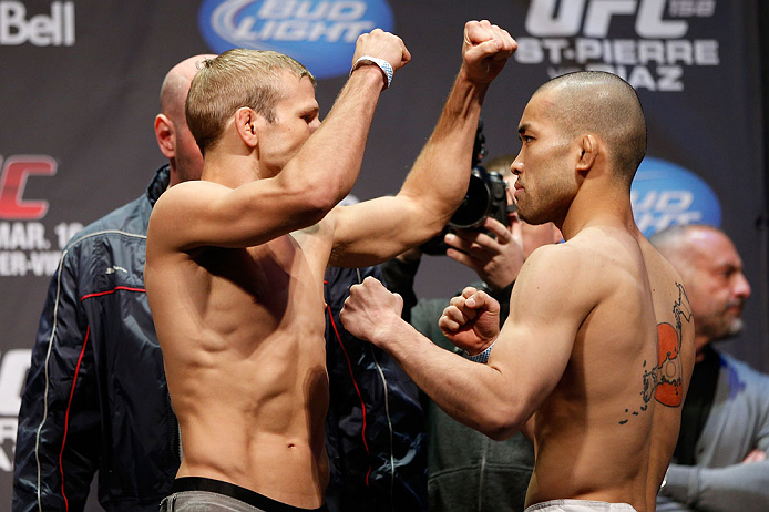 MONTREAL, QC - MARCH 15: (L-R) T.J. Dillashaw faces off with Issei Tamura during the UFC 158 weigh-in at Bell Centre on March 15, 2013 in Montreal, Quebec, Canada.  (Photo by Josh Hedges/Zuffa LLC/Zuffa LLC via Getty Images)