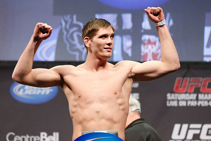 MONTREAL, QC - MARCH 15: Jordan Mein weighs in during the UFC 158 weigh-in at Bell Centre on March 15, 2013 in Montreal, Quebec, Canada.  (Photo by Josh Hedges/Zuffa LLC/Zuffa LLC via Getty Images)