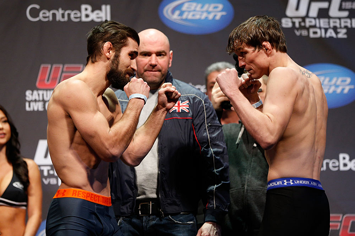 MONTREAL, QC - MARCH 15: (L-R) Antonio Carvalho faces off with Darren Elkins during the UFC 158 weigh-in at Bell Centre on March 15, 2013 in Montreal, Quebec, Canada. (Photo by Josh Hedges/Zuffa LLC/Zuffa LLC via Getty Images)