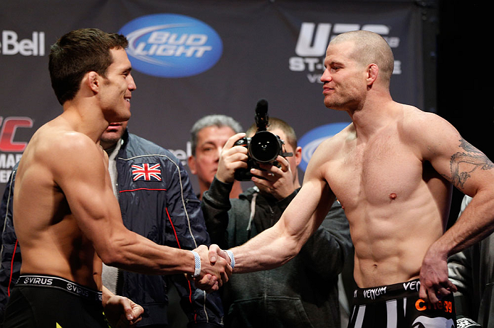MONTREAL, QC - MARCH 15: Nate Marquardt and Jake Ellenberger displaying sportsmanship during the UFC 158 weigh-in at Bell Centre on March 15, 2013 in Montreal, Quebec, Canada. (Photo by Josh Hedges/Zuffa LLC/Zuffa LLC via Getty Images)