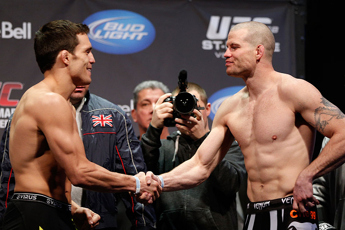 MONTREAL, QC - MARCH 15: Nate Marquardt and Jake Ellenberger displaying sportsmanship during the UFC 158 weigh-in at Bell Centre on March 15, 2013 in Montreal, Quebec, Canada.  (Photo by Josh Hedges/Zuffa LLC/Zuffa LLC via Getty Images)