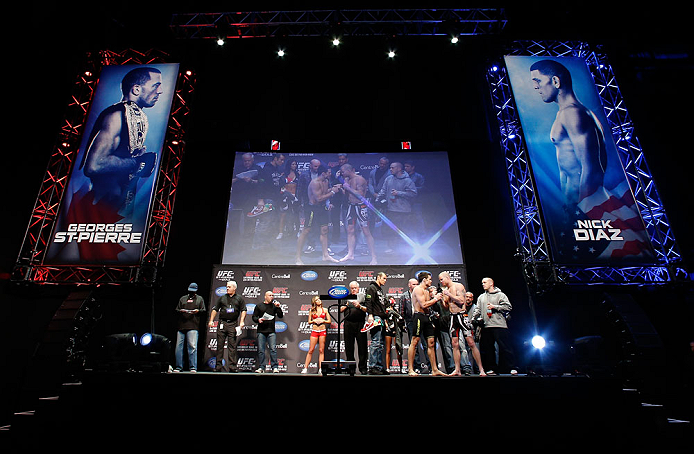 MONTREAL, QC - MARCH 15: (L-R) Opponents Jake Ellenberger and Nate Marquardt face off during the UFC 158 weigh-in at Bell Centre on March 15, 2013 in Montreal, Quebec, Canada. (Photo by Josh Hedges/Zuffa LLC/Zuffa LLC via Getty Images)
