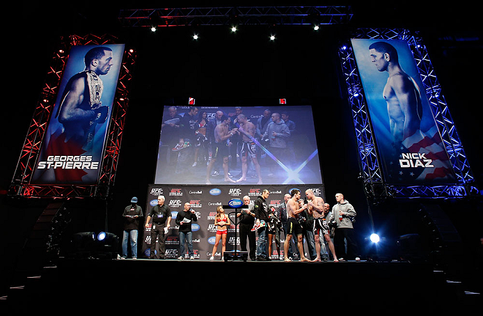 MONTREAL, QC - MARCH 15:  (L-R) Opponents Jake Ellenberger and Nate Marquardt face off during the UFC 158 weigh-in at Bell Centre on March 15, 2013 in Montreal, Quebec, Canada.  (Photo by Josh Hedges/Zuffa LLC/Zuffa LLC via Getty Images)