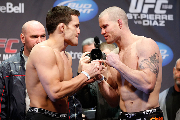 MONTREAL, QC - MARCH 15: Nate Marquardt and Jake Ellenberger face off during the UFC 158 weigh-in at Bell Centre on March 15, 2013 in Montreal, Quebec, Canada. (Photo by Josh Hedges/Zuffa LLC/Zuffa LLC via Getty Images)