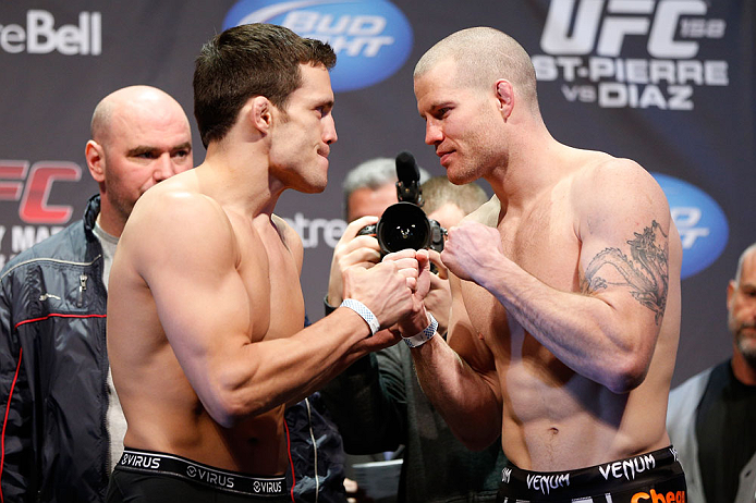 MONTREAL, QC - MARCH 15: Nate Marquardt and Jake Ellenberger face off during the UFC 158 weigh-in at Bell Centre on March 15, 2013 in Montreal, Quebec, Canada.  (Photo by Josh Hedges/Zuffa LLC/Zuffa LLC via Getty Images)