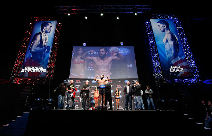 MONTREAL, QC - MARCH 15:  Johny Hendricks weighs in during the UFC 158 weigh-in at Bell Centre on March 15, 2013 in Montreal, Quebec, Canada.  (Photo by Josh Hedges/Zuffa LLC/Zuffa LLC via Getty Images)