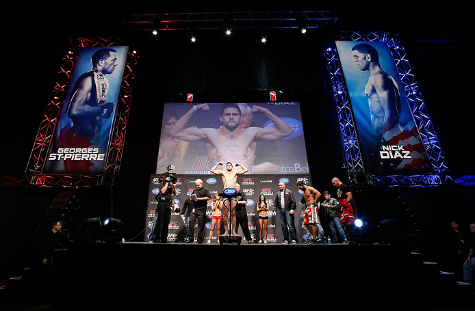 MONTREAL, QC - MARCH 15: Carlos Condit weighs in during the UFC 158 weigh-in at Bell Centre on March 15, 2013 in Montreal, Quebec, Canada. (Photo by Josh Hedges/Zuffa LLC/Zuffa LLC via Getty Images)