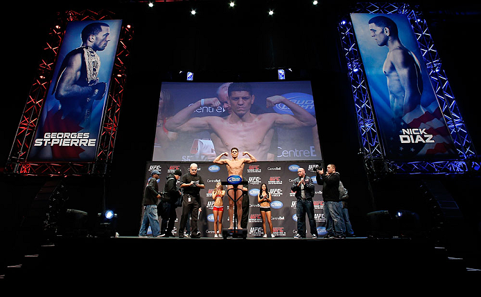 MONTREAL, QC - MARCH 15: Nick Diaz weighs in during the UFC 158 weigh-in at Bell Centre on March 15, 2013 in Montreal, Quebec, Canada. (Photo by Josh Hedges/Zuffa LLC/Zuffa LLC via Getty Images)