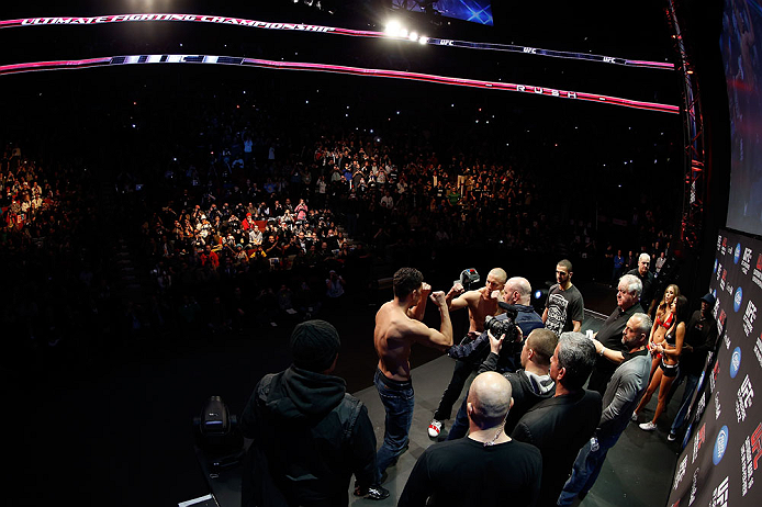 MONTREAL, QC - MARCH 15: (R-L) Opponents Georges St-Pierre and Nick Diaz face off during the UFC 158 weigh-in at Bell Centre on March 15, 2013 in Montreal, Quebec, Canada. (Photo by Josh Hedges/Zuffa LLC/Zuffa LLC via Getty Images)