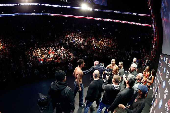 MONTREAL, QC - MARCH 15: (R-L) Opponents Georges St-Pierre and Nick Diaz are separated by UFC president Dana White during the UFC 158 weigh-in at Bell Centre on March 15, 2013 in Montreal, Quebec, Canada. (Photo by Josh Hedges/Zuffa LLC/Zuffa LLC via Ge