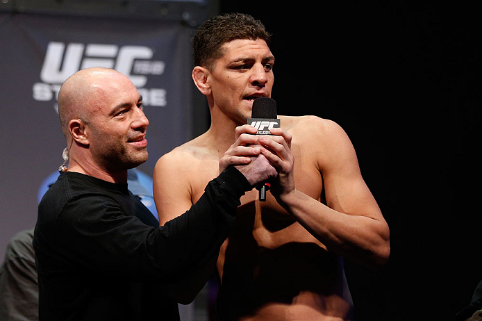 MONTREAL, QC - MARCH 15: Nick Diaz speaks with Joe Rogan during the UFC 158 weigh-in at Bell Centre on March 15, 2013 in Montreal, Quebec, Canada. (Photo by Josh Hedges/Zuffa LLC/Zuffa LLC via Getty Images)