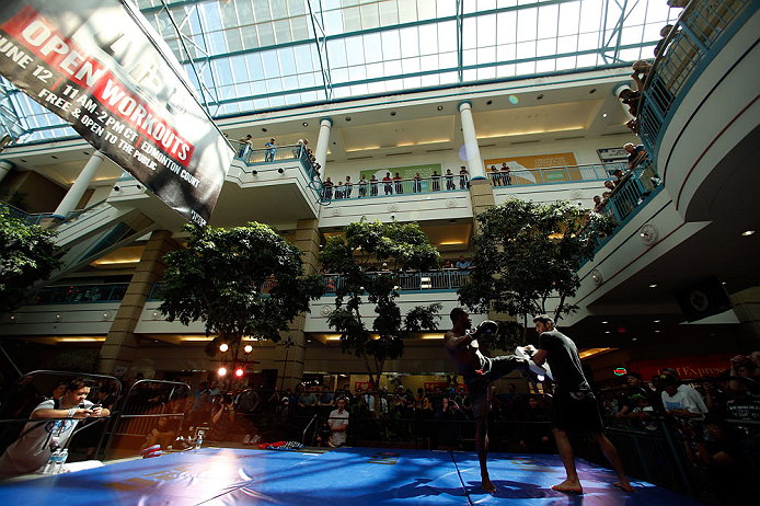 WINNIPEG, CANADA - JUNE 12:  Yves Jabouin holds an open workout session for fans and media at Portage Place on June 12, 2013 in Winnipeg, Manitoba, Canada.  (Photo by Josh Hedges/Zuffa LLC/Zuffa LLC via Getty Images)