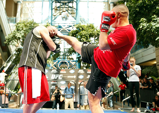 WINNIPEG, CANADA - JUNE 12:  Pat Barry holds an open workout session for fans and media at Portage Place on June 12, 2013 in Winnipeg, Manitoba, Canada.  (Photo by Josh Hedges/Zuffa LLC/Zuffa LLC via Getty Images)