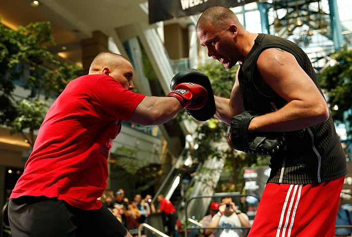 WINNIPEG, CANADA - JUNE 12: Pat Barry holds an open workout session for fans and media at Portage Place on June 12, 2013 in Winnipeg, Manitoba, Canada. (Photo by Josh Hedges/Zuffa LLC/Zuffa LLC via Getty Images)