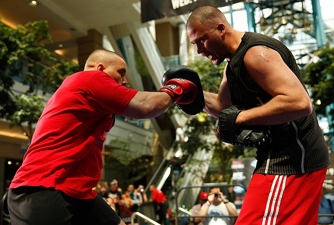 WINNIPEG, CANADA - JUNE 12:  Pat Barry holds an open workout session for fans and media at Portage Place on June 12, 2013 in Winnipeg, Manitoba, Canada.  (Photo by Josh Hedges/Zuffa LLC/Zuffa LLC via Getty Images)