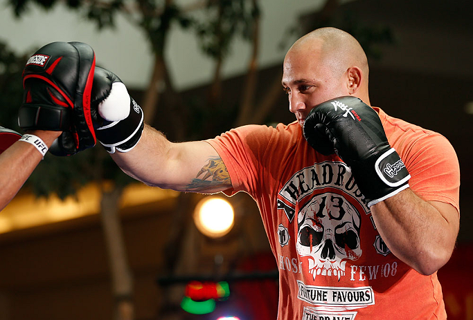 WINNIPEG, CANADA - JUNE 12:  Shawn Jordan holds an open workout session for fans and media at Portage Place on June 12, 2013 in Winnipeg, Manitoba, Canada.  (Photo by Josh Hedges/Zuffa LLC/Zuffa LLC via Getty Images)