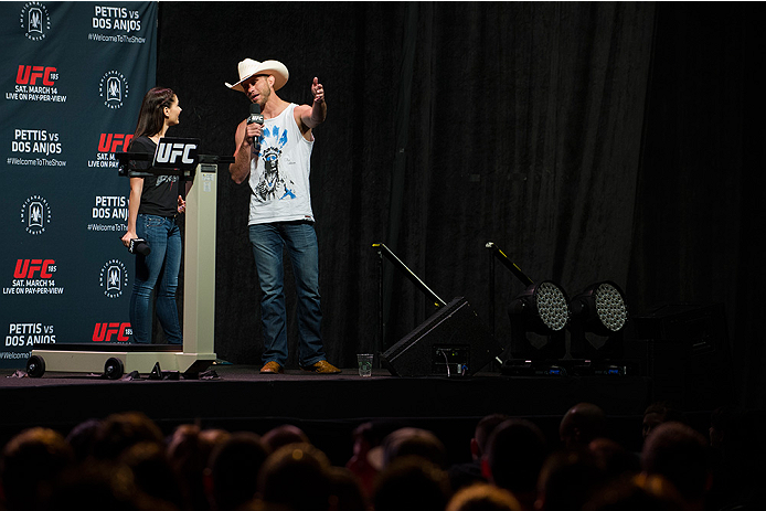 DALLAS, TX - MARCH 13: Megan Olivi and Donald "Cowboy" Cerrone answer fan questions before the UFC 185 weigh-ins at the Kay Bailey Hutchison Convention Center on March 13, 2015 in Dallas, Texas. (Photo by Cooper Neill/Zuffa LLC/Zuffa LLC via Getty Images)