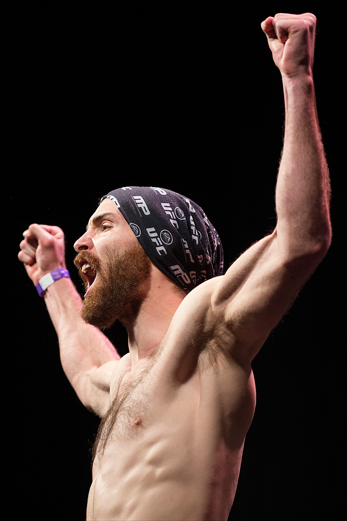 DALLAS, TX - MARCH 13: Jake Lindsey stands on the scale during the UFC 185 weigh-ins at the Kay Bailey Hutchison Convention Center on March 13, 2015 in Dallas, Texas. (Photo by Cooper Neill/Zuffa LLC/Zuffa LLC via Getty Images)