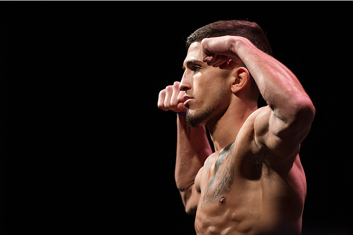 DALLAS, TX - MARCH 13: Sergio Pettis stands on the scale during the UFC 185 weigh-ins at the Kay Bailey Hutchison Convention Center on March 13, 2015 in Dallas, Texas. (Photo by Cooper Neill/Zuffa LLC/Zuffa LLC via Getty Images)