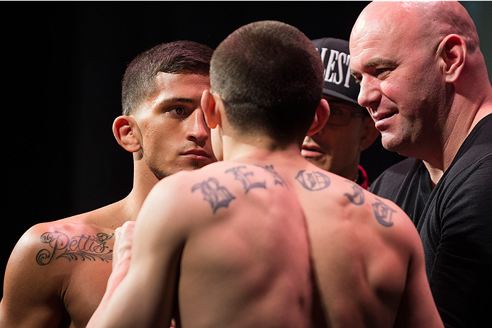 DALLAS, TX - MARCH 13: Sergio Pettis faces off with Ryan Benoit during the UFC 185 weigh-ins at the Kay Bailey Hutchison Convention Center on March 13, 2015 in Dallas, Texas. (Photo by Cooper Neill/Zuffa LLC/Zuffa LLC via Getty Images)