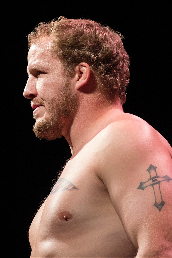 DALLAS, TX - MARCH 13: Jared Rosholt stands on the scale during the UFC 185 weigh-ins at the Kay Bailey Hutchison Convention Center on March 13, 2015 in Dallas, Texas. (Photo by Cooper Neill/Zuffa LLC/Zuffa LLC via Getty Images)