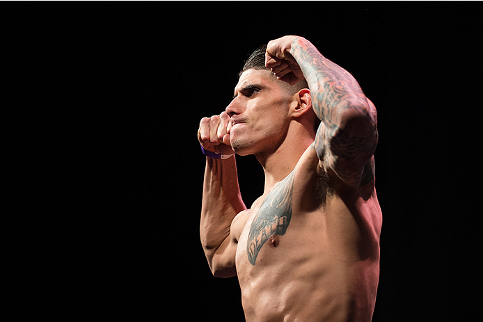 DALLAS, TX - MARCH 13: Roger Narvaez stands on the scale during the UFC 185 weigh-ins at the Kay Bailey Hutchison Convention Center on March 13, 2015 in Dallas, Texas. (Photo by Cooper Neill/Zuffa LLC/Zuffa LLC via Getty Images)