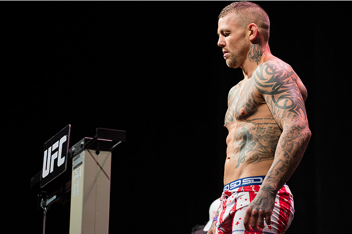 DALLAS, TX - MARCH 13: Ross Pearson stands on the scale during the UFC 185 weigh-ins at the Kay Bailey Hutchison Convention Center on March 13, 2015 in Dallas, Texas. (Photo by Cooper Neill/Zuffa LLC/Zuffa LLC via Getty Images)