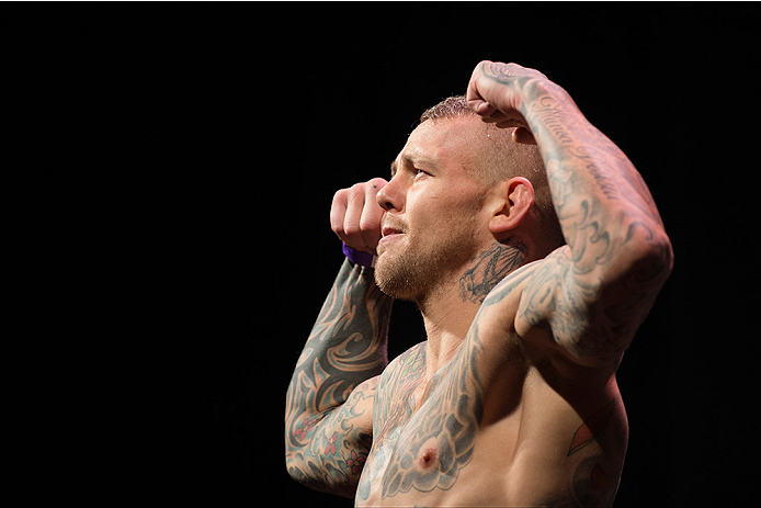 DALLAS, TX - MARCH 13: Ross Pearson stands on the scale during the UFC 185 weigh-ins at the Kay Bailey Hutchison Convention Center on March 13, 2015 in Dallas, Texas. (Photo by Cooper Neill/Zuffa LLC/Zuffa LLC via Getty Images)