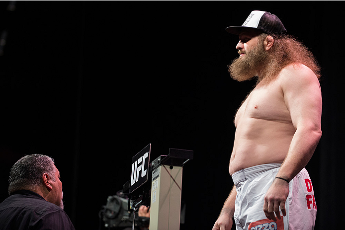 DALLAS, TX - MARCH 13: Roy Nelson stands on the scale during the UFC 185 weigh-ins at the Kay Bailey Hutchison Convention Center on March 13, 2015 in Dallas, Texas. (Photo by Cooper Neill/Zuffa LLC/Zuffa LLC via Getty Images)