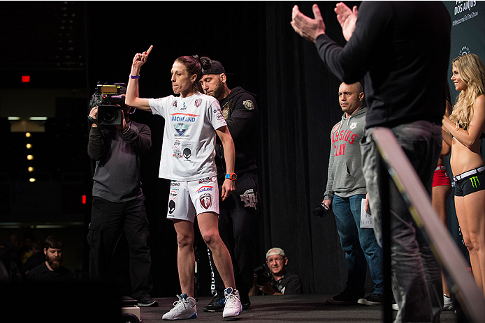 DALLAS, TX - MARCH 13: Joanna Jedrzejczyk walks to the scale during the UFC 185 weigh-ins at the Kay Bailey Hutchison Convention Center on March 13, 2015 in Dallas, Texas. (Photo by Cooper Neill/Zuffa LLC/Zuffa LLC via Getty Images)