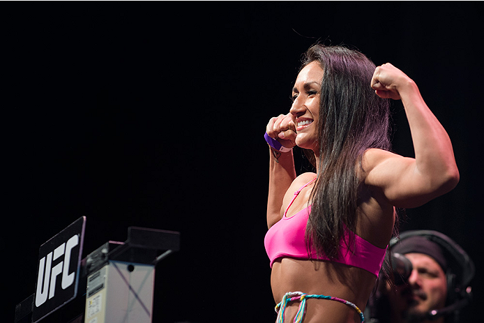 DALLAS, TX - MARCH 13: UFC women's strawweight champion Carla Esparza stands on the scale during the UFC 185 weigh-ins at the Kay Bailey Hutchison Convention Center on March 13, 2015 in Dallas, Texas. (Photo by Cooper Neill/Zuffa LLC/Zuffa LLC via Getty I