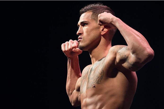 DALLAS, TX - MARCH 13: Anthony Pettis stands on the scale during the UFC 185 weigh-ins at the Kay Bailey Hutchison Convention Center on March 13, 2015 in Dallas, Texas. (Photo by Cooper Neill/Zuffa LLC/Zuffa LLC via Getty Images)