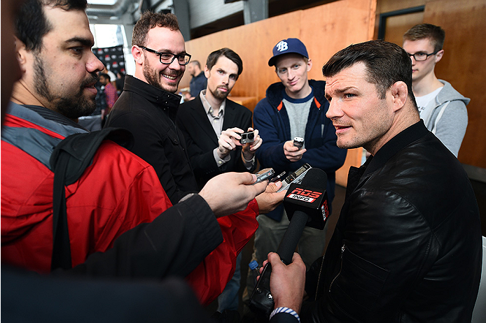 MONTREAL, QC - APRIL 23:  Michael Bisping interacts with media during the UFC 186 Ultimate Media Day at Scena on April 23, 2015 in Montreal, Quebec, Canada. (Photo by Jeff Bottari/Zuffa LLC/Zuffa LLC via Getty Images)