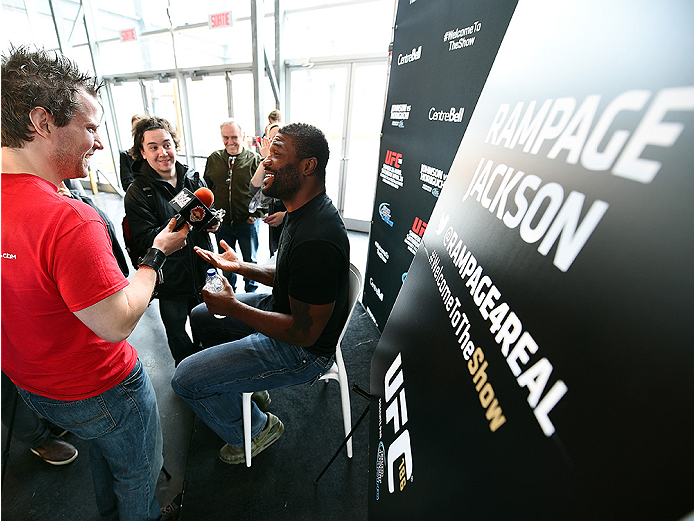 MONTREAL, QC - APRIL 23:  Quinton 'Rampage' Jackson interacts with media during the UFC 186 Ultimate Media Day at Scena on April 23, 2015 in Montreal, Quebec, Canada. (Photo by Jeff Bottari/Zuffa LLC/Zuffa LLC via Getty Images)