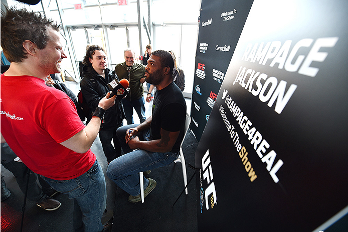 MONTREAL, QC - APRIL 23:  Quinton 'Rampage' Jackson interacts with media during the UFC 186 Ultimate Media Day at Scena on April 23, 2015 in Montreal, Quebec, Canada. (Photo by Jeff Bottari/Zuffa LLC/Zuffa LLC via Getty Images)