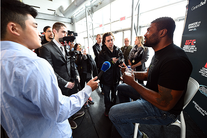 MONTREAL, QC - APRIL 23:  Quinton 'Rampage' Jackson interacts with media during the UFC 186 Ultimate Media Day at Scena on April 23, 2015 in Montreal, Quebec, Canada. (Photo by Jeff Bottari/Zuffa LLC/Zuffa LLC via Getty Images)