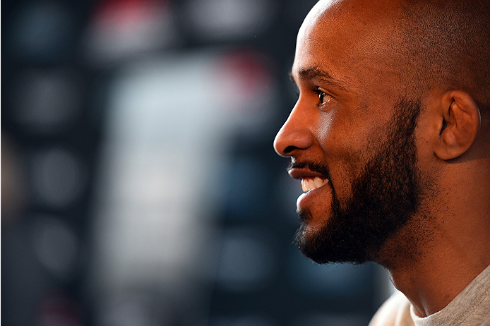 MONTREAL, QC - APRIL 23:  UFC Flyweight Champion Demetrious 'Mighty Mouse' Johnson interacts with media during the UFC 186 Ultimate Media Day at Scena on April 23, 2015 in Montreal, Quebec, Canada. (Photo by Jeff Bottari/Zuffa LLC/Zuffa LLC via Getty Imag