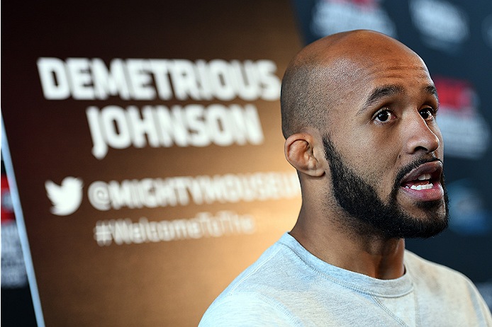 MONTREAL, QC - APRIL 23:  UFC Flyweight Champion Demetrious 'Mighty Mouse' Johnson interacts with media during the UFC 186 Ultimate Media Day at Scena on April 23, 2015 in Montreal, Quebec, Canada. (Photo by Jeff Bottari/Zuffa LLC/Zuffa LLC via Getty Imag