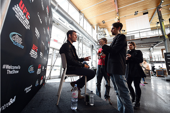 MONTREAL, QC - APRIL 23:  Michael Bisping interacts with media during the UFC 186 Ultimate Media Day at Scena on April 23, 2015 in Montreal, Quebec, Canada. (Photo by Jeff Bottari/Zuffa LLC/Zuffa LLC via Getty Images)