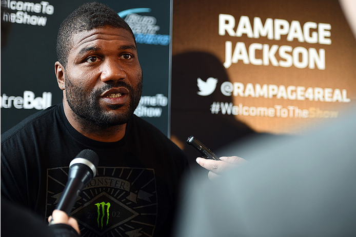 MONTREAL, QC - APRIL 23:  Quinton 'Rampage' Jackson interacts with media during the UFC 186 Ultimate Media Day at Scena on April 23, 2015 in Montreal, Quebec, Canada. (Photo by Jeff Bottari/Zuffa LLC/Zuffa LLC via Getty Images)