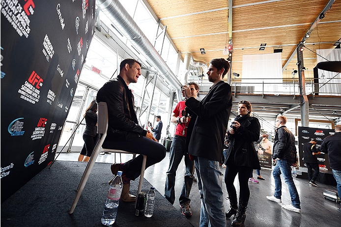 MONTREAL, QC - APRIL 23: Michael Bisping interacts with media during the UFC 186 Ultimate Media Day at Scena on April 23, 2015 in Montreal, Quebec, Canada. (Photo by Jeff Bottari/Zuffa LLC/Zuffa LLC via Getty Images)